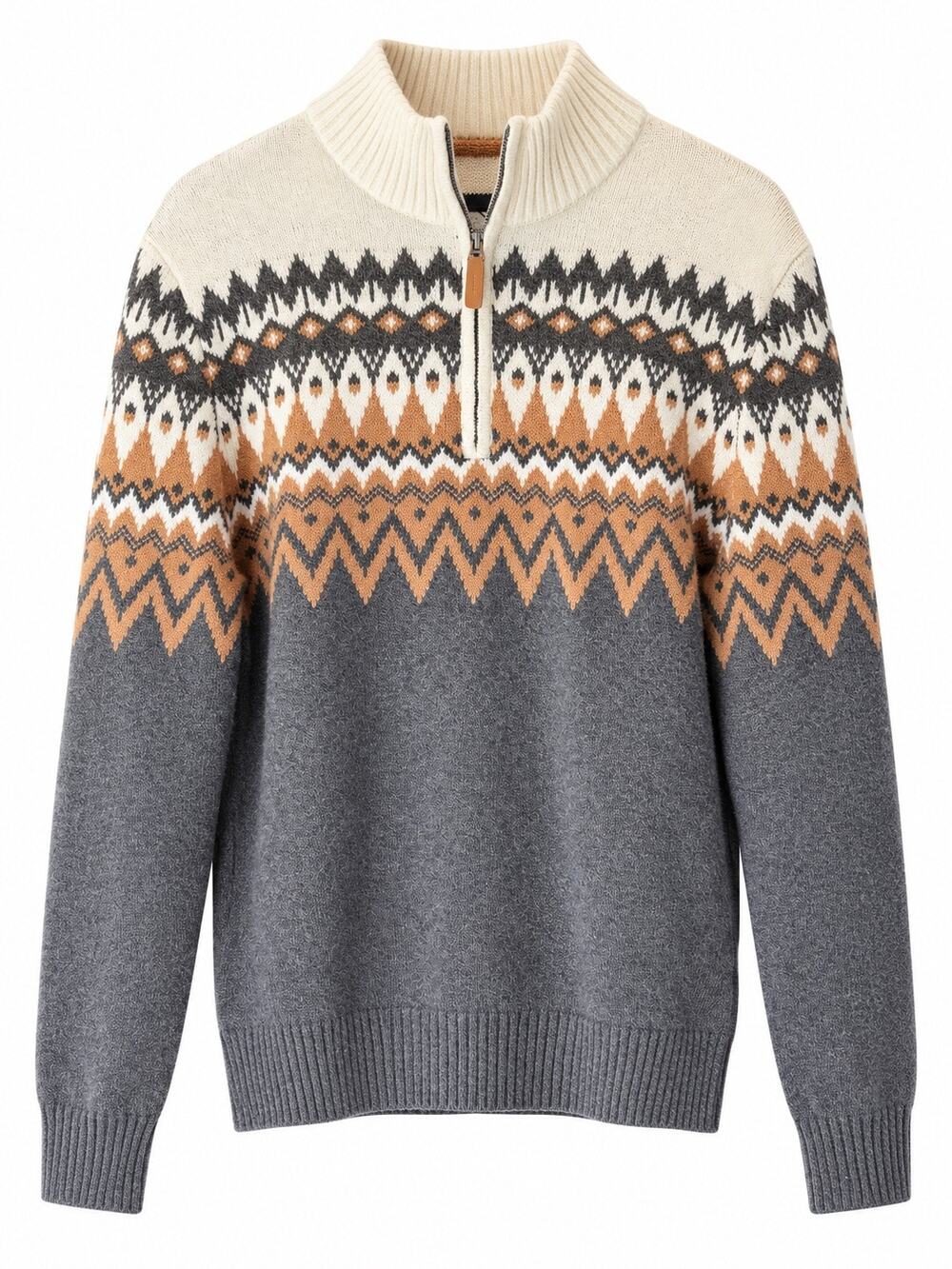 St. John’s Bay Men’s Large Fair Isle 1/4 Zip Sweater Gray Tan NWT
